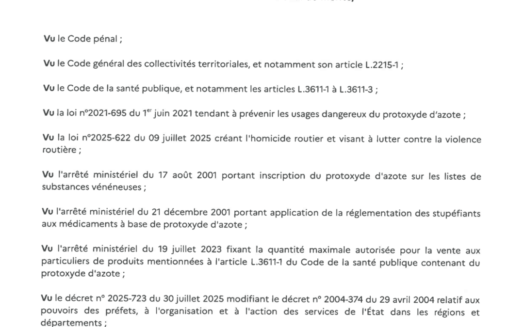 Arrêté réglementant la vente, la détention et la consommation de protoxyde d’azote (N20) dans le département de la Vendée